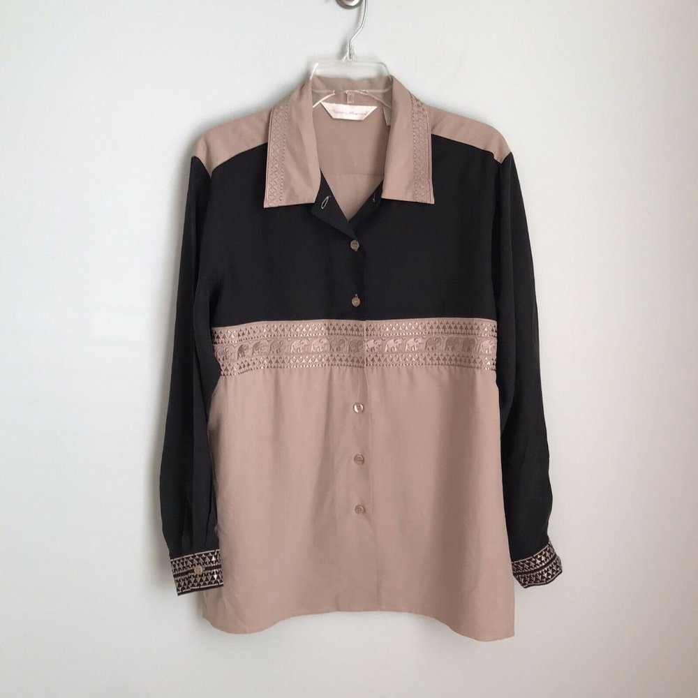 Peter Martin Black Beige Embroidered Elephant Top
